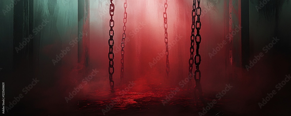 Poster spooky red light illuminating hanging chains in dark interior with fog effect