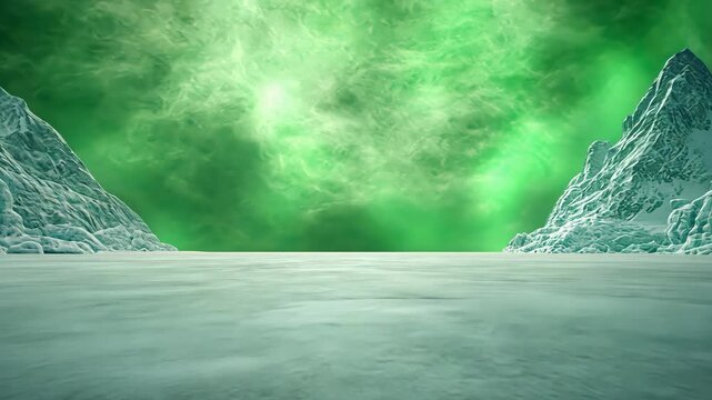 Snowy landscape with icy mountains under a green cloudy sky, Surreal winter scenery with copy space, Fantasy and nature concept for design and print
