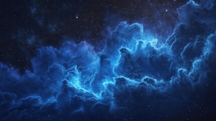 Fototapeta premium bioluminescent clouds glowing against starlit cosmos, ethereal aurora-like wisps, deep indigo sky scattered with diamond-bright stars