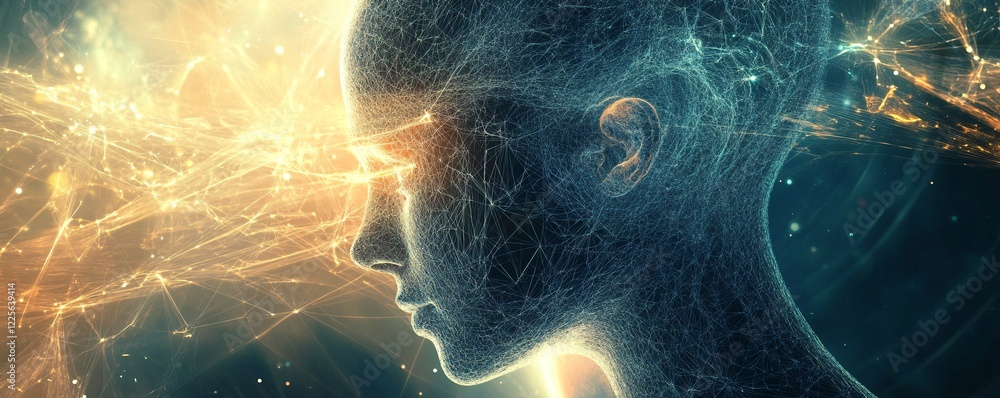 Poster Illuminated wireframe mesh of a human head symbolizes the interconnectedness of consciousness, artificial intelligence, and existence