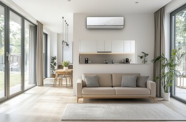 Open-plan apartment light wooden floors white walls grey details beige sofa dining set natural light