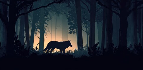 Lone Wolf Silhouette In A Dark Forest At Dawn