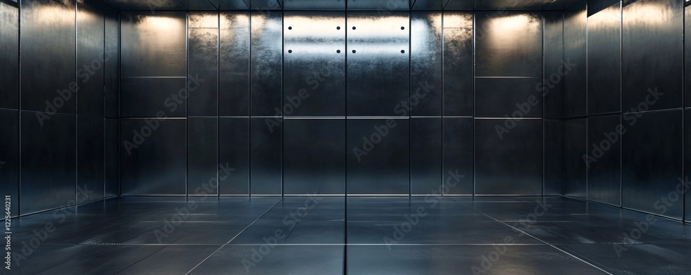 Poster empty grunge metallic room with illuminated ceiling reflecting on the floor