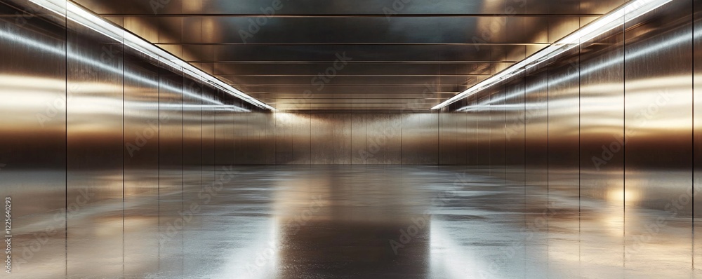 Poster modern building's empty metallic corridor illuminated by warm light