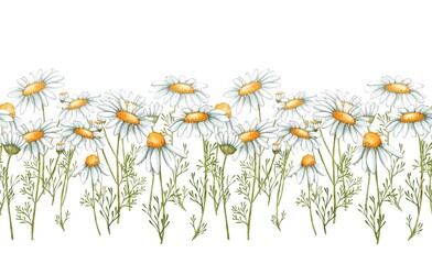 Chamomile seamless border. Frame with flowers and branches of daisy flowers