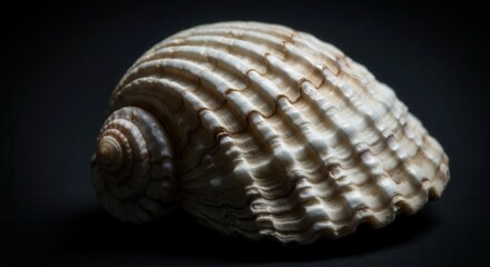 Close-up of textured sea shell with ridged pattern on a dark background