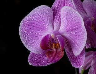 Close-up of purple orchid flower with water droplets on petals. Macro photography on black background. Exotic floral design and decoration concept for greeting cards and prints.