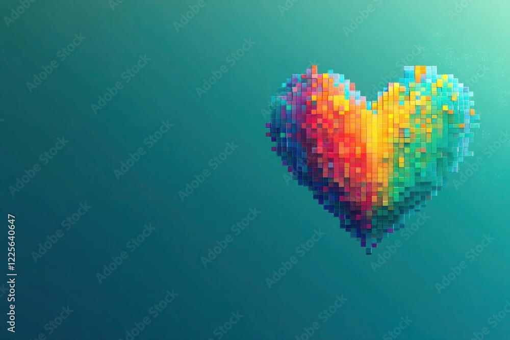 Wall mural a solid teal background featuring a digital heart made of pixelated blocks, transitioning from a rai