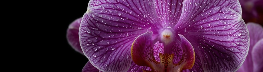 Close-up of purple orchid flower with water droplets on petals. Macro photography on black background. Exotic floral design and decoration concept for greeting cards and prints.