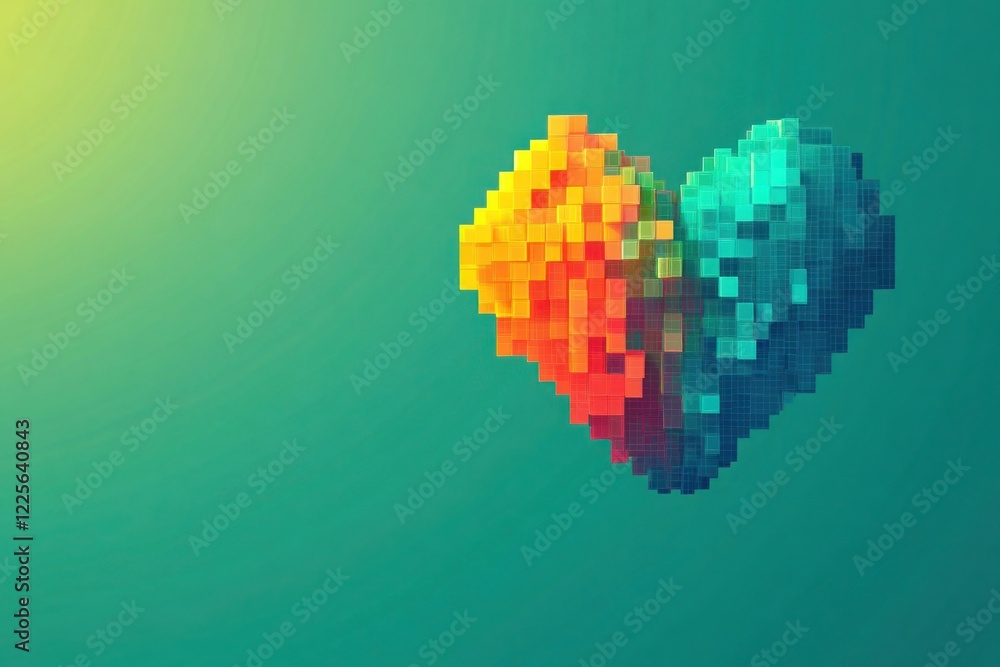 Wall mural a solid teal background featuring a digital heart made of pixelated blocks, transitioning from a rai