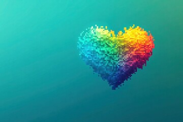 A solid teal background featuring a digital heart made of pixelated blocks, transitioning from a rainbow gradient in its center outward.