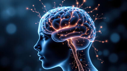 VNS - Vagus Nerve Stimulation illustrated with human head profile showing neural activity and pathways.