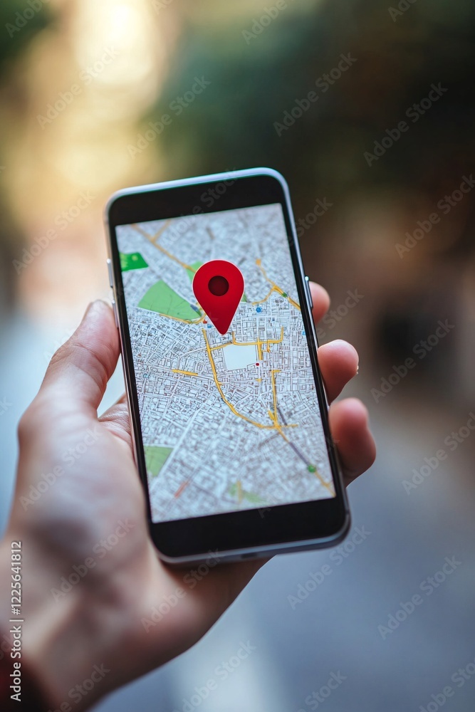 Poster Smartphone with gps map and red pin marking a location held in a hand