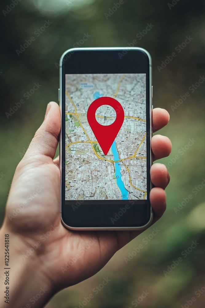 Aufkleber Man is holding a cellphone showing a gps navigation app with a map and a red location pin
