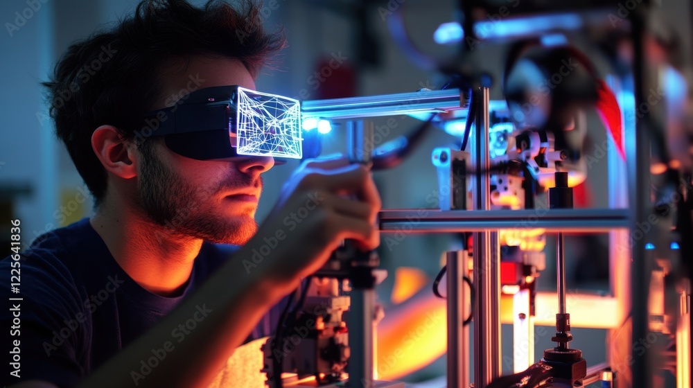 Poster an engineer adjusting a 3d printed prototype while wearing augmented reality glasses which display r