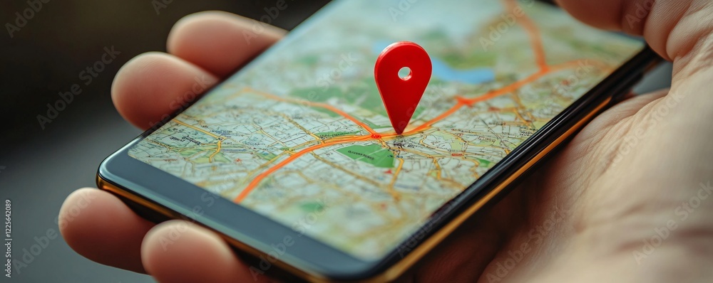 Aufkleber businessman holds a smartphone displaying a map with a red location pin on the screen