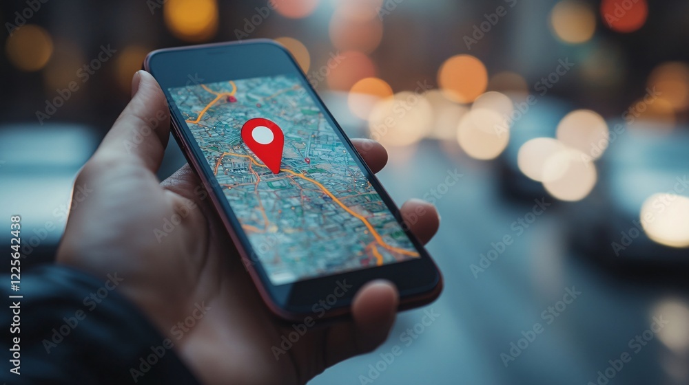 Poster smartphone with navigation app on screen being held against blurry city lights in the background