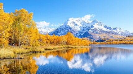 Fototapeta premium Golden autumn trees reflect in a calm lake with snow-capped mountains under a clear blue sky.