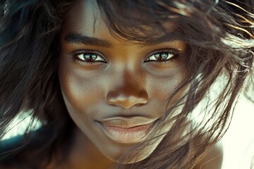 Commercial ad campaign conceptual art art. Attractive happy black girl - for ads, billboard and web networks use. Long trim - afro hair. Fashion with stylish black models. Woman advertising.