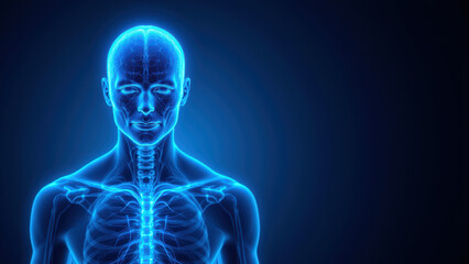 Illustration of human anatomy with focus on the brain and central nervous system.