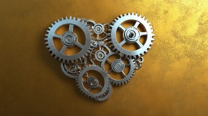A solid gold background with a heart shape formed by interconnected silver gears, symbolizing precision and harmony.