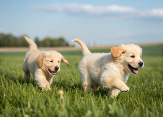 two puppies of golden retrievers playing in the grass