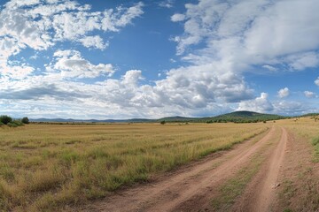 Fototapeta premium Panorama field with dirt road and cloudy sky.