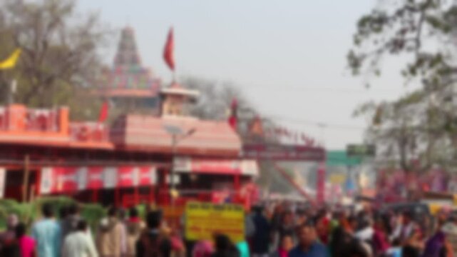 Blurred view of devotees visiting Kumbh Mela festival in Pryagraj, Allahabad, India.
