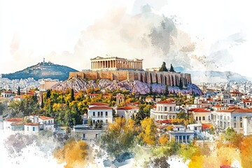Fototapeta premium Athens Watercolor Panorama: Acropolis and Cityscape - A picturesque watercolor painting of the Acropolis, ancient ruins, and modern Athens, symbolizing history, culture, architecture, tourism