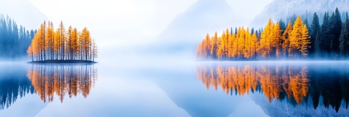 Obraz premium Autumnal Lake Reflection - Serene autumn landscape featuring two islands of golden trees reflected in a calm lake, shrouded in morning mist.