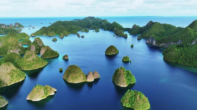 Aerial view of beautiful tropical islands and serene lagoon with scattered sandy shores and blue ocean, Raja Ampat Regency, Indonesia.