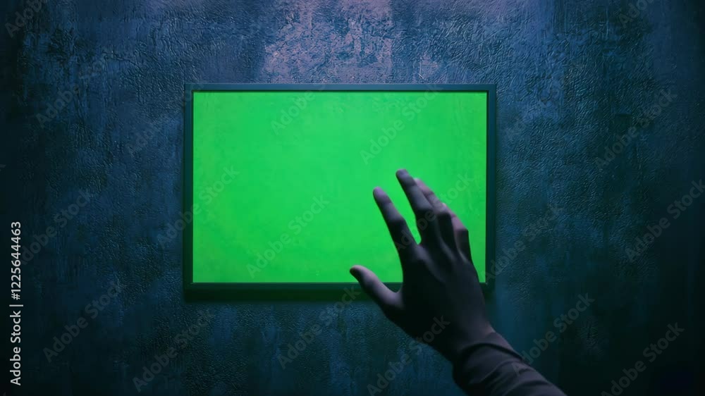 Poster Person Touching Green Screen Display in Dark Puzzle Escape Room Setting with Interactive Technology and Digital Integration Concept for Creative Escape Experience