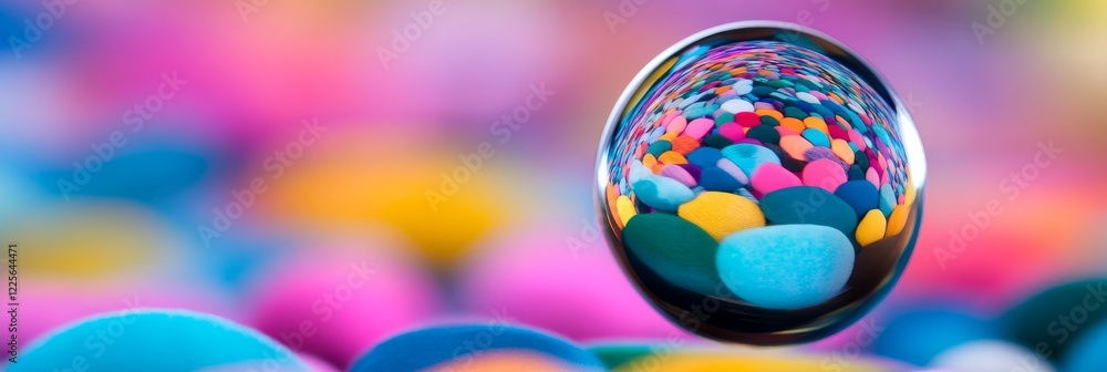 Poster colorful sphere reflection - a crystal sphere reflects a vibrant array of colorful stones, creating 