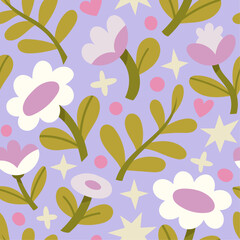 Cute vector floral seamless pattern. Colorful flowers background. Trendy repeat texture for fashion print, wallpaper or fabric.