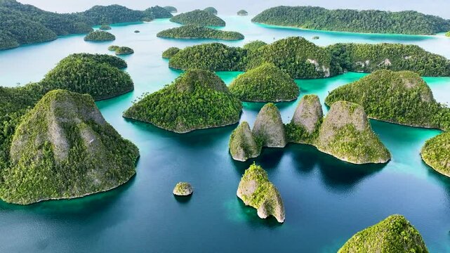 Aerial view of beautiful tropical islands and serene lagoon in vibrant blue waters, Raja Ampat Regency, Indonesia.