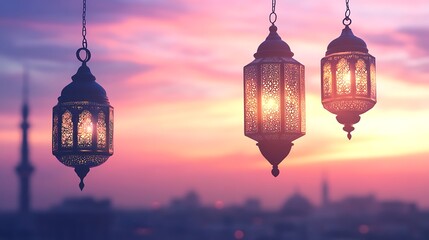 Obraz premium Illuminated Moroccan Lanterns Hanging Against Sunset Sky