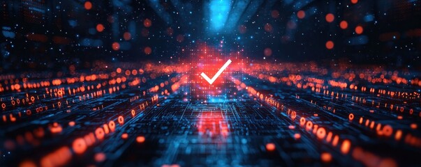 Digital integrity concept with glowing check mark and futuristic data network