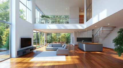 Fototapeta premium Modern Minimalist Living Room with Large Windows and Natural Light