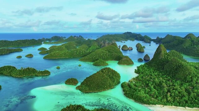 Aerial view of tropical islands and pristine coastline with clear blue ocean, Raja Ampat Regency, Indonesia.