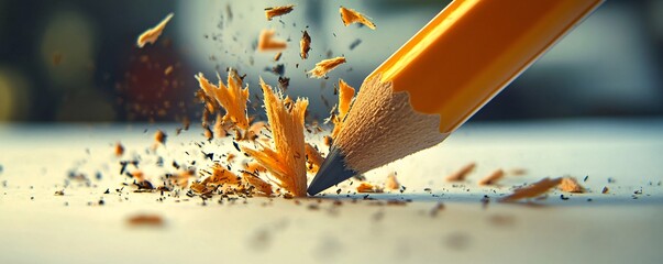 Pencil is creating marks on a white surface as wood shavings scatter around