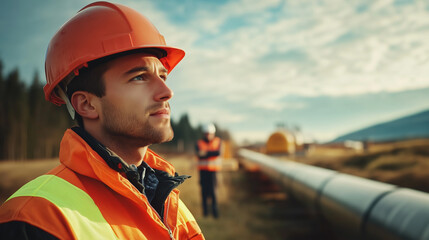 the background. Oil, energy industry, pipeline crossing a nature area. Environment safety issue.