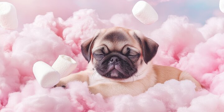 Adorable Pug Puppy Sleeping in Pink Cotton Candy Clouds