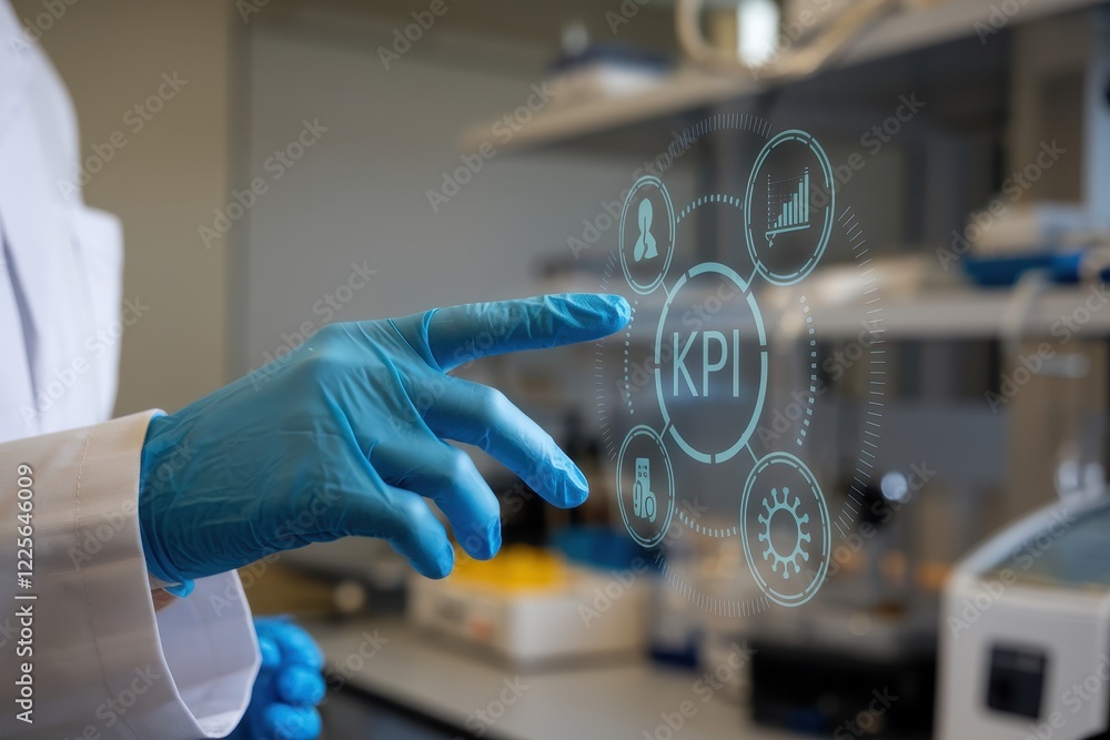 Poster scientist analyzing data via interactive kpi dashboard in a modern lab setting