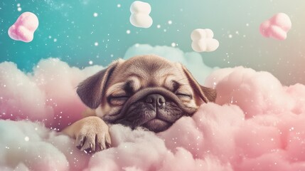 Fototapeta premium Adorable Pug Puppy Sleeping Peacefully on Clouds