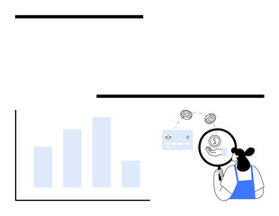 Woman in blue apron uses magnifier to examine bar chart, currency symbols, and credit card, symbolizing financial analysis. Ideal for finance, investments, economics, budgeting, business data