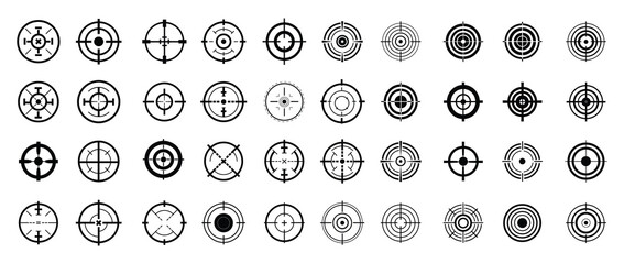Crosshair, gun sight vector icons. Bullseye, black target or aim symbol. Military rifle scope, shooting mark sign. Targeting, aiming for a shot. Archery, hunting and sports shooting. Game UI element.