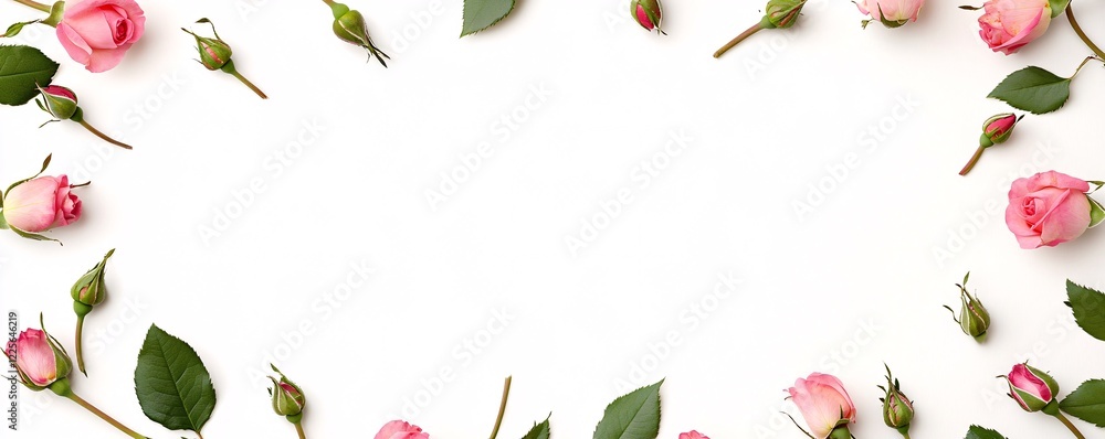 Aufkleber floral composition with pink roses and buds creating a frame on white background with copy space