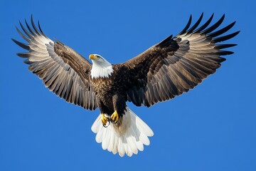 Obraz premium Eagle with its wings spread wide soars through a clear blue sky.