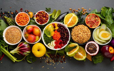 Colorful and Nutritious Assortment of Fresh Fruits, Vegetables, and Grains