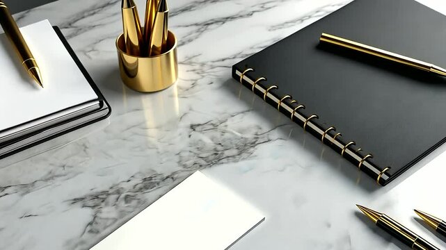 A vacant nameplate with a clean design on a marble conference table, surrounded by neatly arranged notepads and pens.